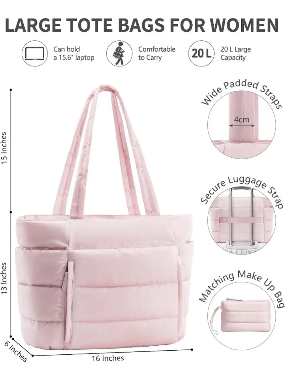 👜Women's Pink Puffer Tote Bag 16 Pockets Work Gym Travel Laptop Handbag Purse